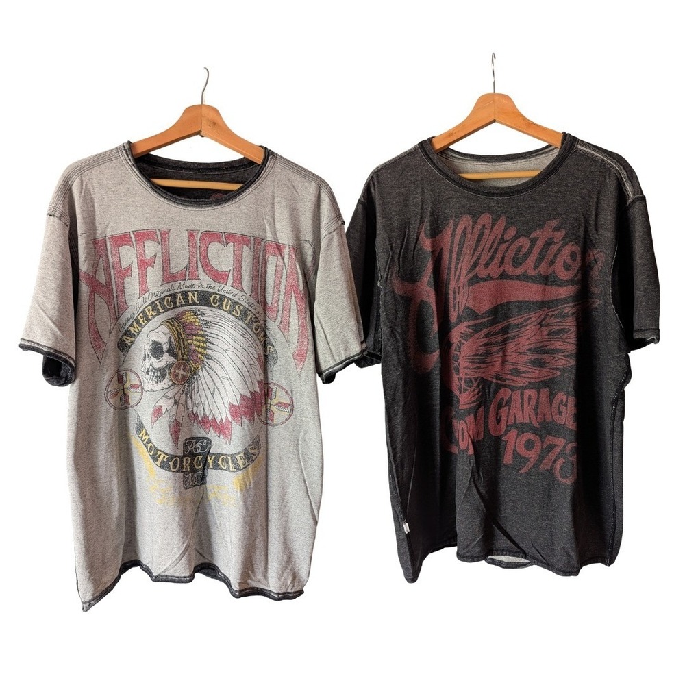 Affliction Reversible T-Shirt Mens XL Gray American Customs Biker Skull Graphic